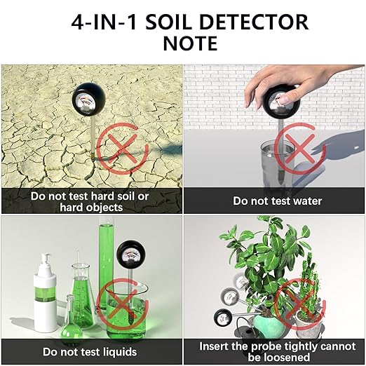 4-in-1 Soil Tester, Battery Free Plant Moisture Meter with PH/Moisture/Light Test/Fertilizer, Soil PH Meter for Garden, Lawn, Potted Plants, Farm (90° Rotation)