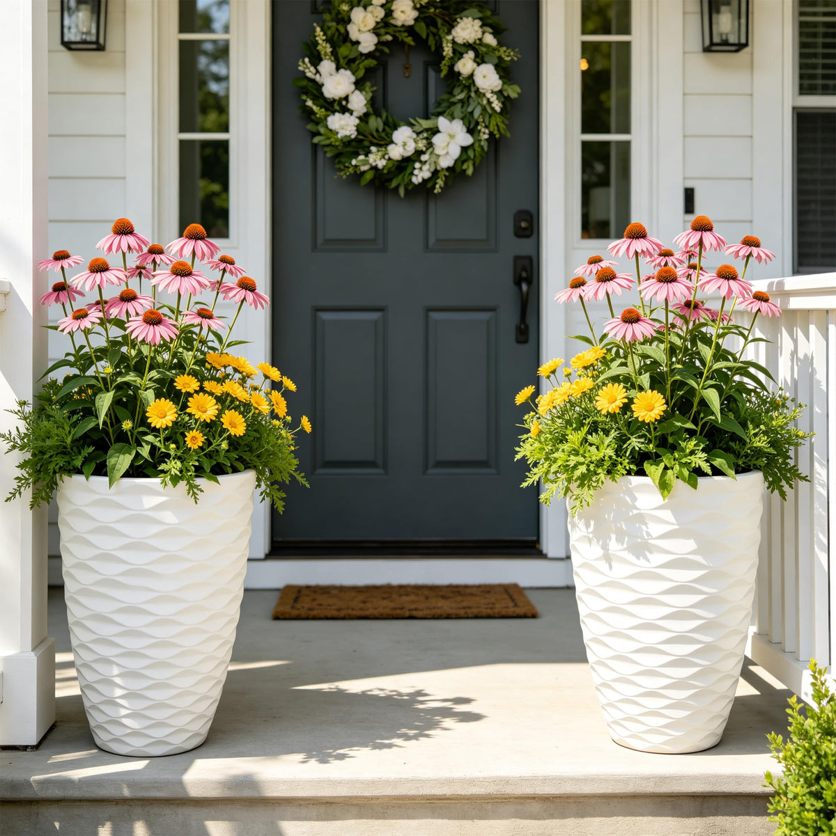 2 Pack 19" White Resin Tall Outdoor Planters with Wave Texture (19"h-white Wavy)