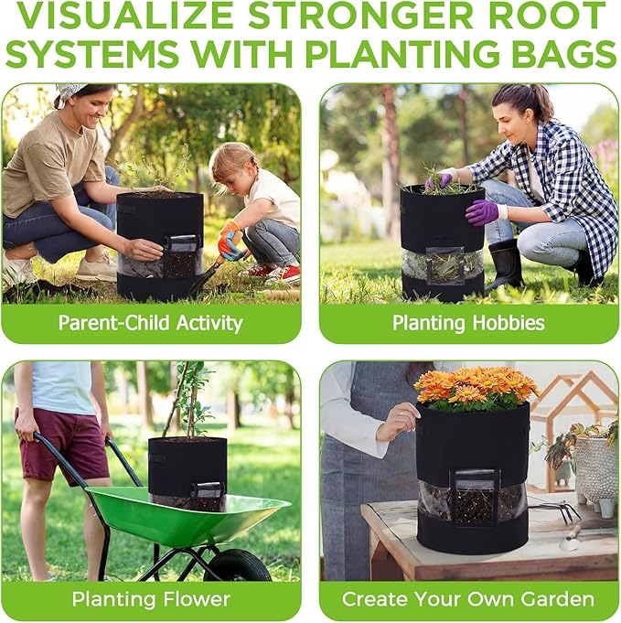 Baderke 4 Pack Visible Potato Grow Bags with Harvest Window, 360 Visibility Plant Grow Bags with Handles for Planting Potatoes, Tomatoes and Vegetables (30 Gallon,Black)