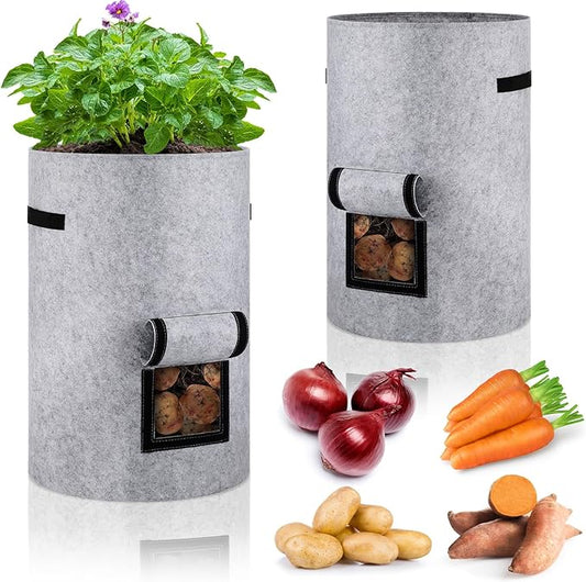 2 Pack 30 Gallon Potato Grow Bags with Harvest Window, Durable Garden Planter Bags with Handles for Potatoes, Tomatoes, and Vegetables - Indoor & Outdoor Gardening Supplies (Gray)