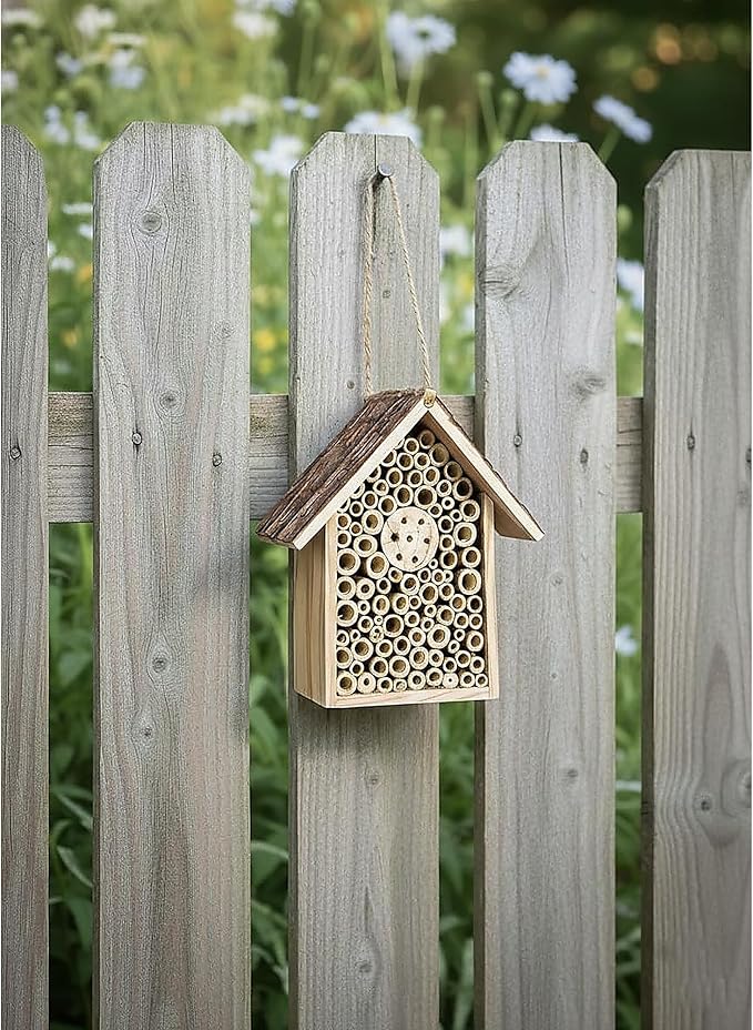 Redwood Mason Bee House - Solitary Insect Hotel & Wooden Nesting Habitat | Leafcutter Bee Hive with Easy-Hang Jute Rope | Outdoor Garden Decor & Weatherproof Beneficial Bug Home for Pollinators