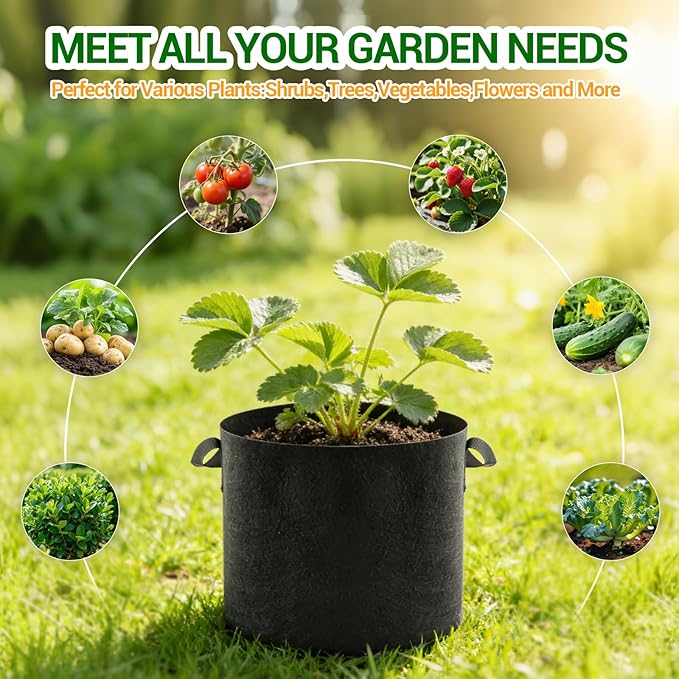 5-Pack 10 Gallon Grow Bags, Thickened Aeration Fabric Pots with Handles, Heavy Duty Plant Bags for Vegetables, Tomatoes, Potatoes, Fruits & Flowers, Reusable Garden Pots for Plants