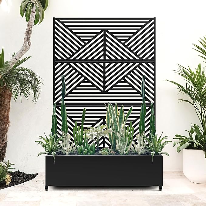 Standing Metal Planter Box with Trellis and Wheels for Climbing Plants, Raised Garden Beds with Drainage Holes, 47" L×16" W×71" H Privacy Boxes with Trellis (Black Zodiac)