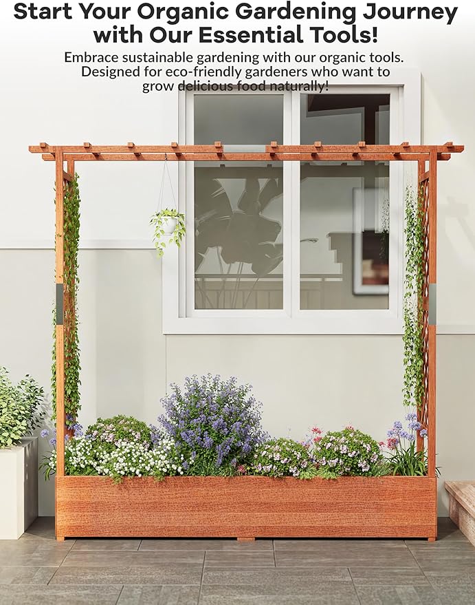 GarveeLife Raised Garden Bed with Trellis, 72 in Wood Planter Box with Side Trellis, Hanging Roof, and 4 Drainage Holes, Freestanding Elevated Garden Bed for Climbing Plants, Vines, Flowers