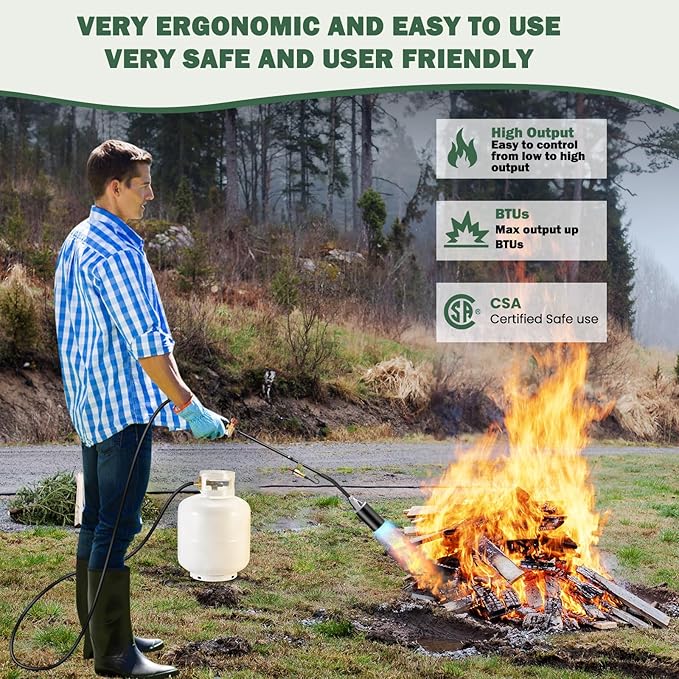 Portable Propane Torch Weed Burner Kit with Storage Bag, High Output BTUs Weed Torch with 10 FT Hose, Self Igniter Weed Flame Torch for Campfires,Roofing,Melting Snow and Ice,Road Marking
