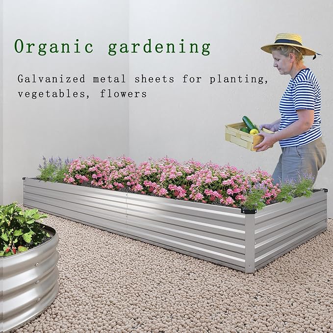 8×2×1FT(2PCS) Galvanized Raised Garden Bed Kit, Metal Planter Boxes，Large Outdoor Planters Garden for Planting Vegetables,Flowers,Herbs -Silver