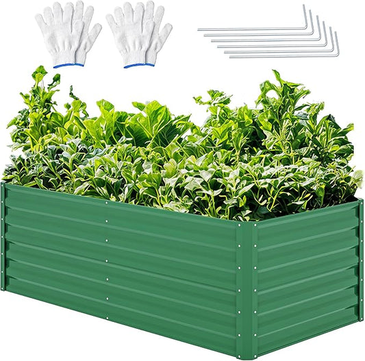 YITAHOME 6x3x2ft Outdoor Raised Garden Bed Kit, Large Metal Patio Planter Box with Gloves, Support Rod for Plants Vegetables Flowers, Green