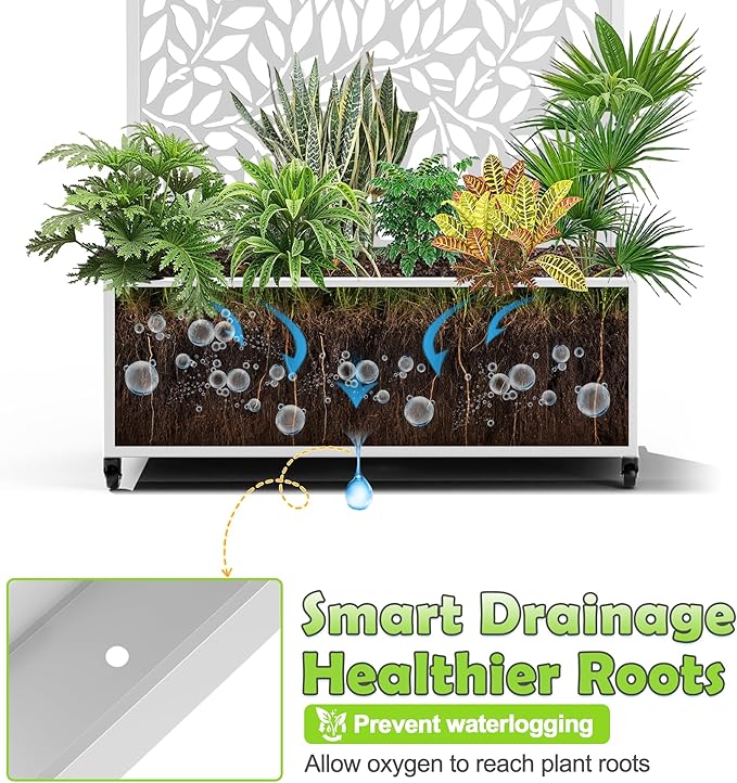15.7"×70.9"×35.4" Metal Raised Garden Bed with Trellis and Wheels - Tall Trellis Planter Box for Climbing Plants, Vegetables & Vines - Outdoor Privacy Planters for Patio (White)