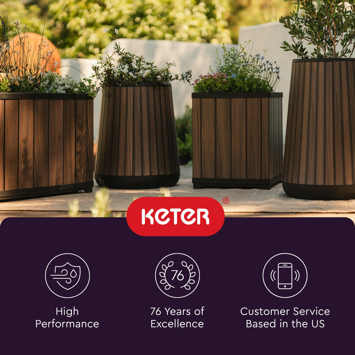 Signature Conic 23.8 Inch Tall Round Large Wood Look Planter for Indoor or Outdoor Flower Pot Ideal for Patio Deck and Front Porch Decor