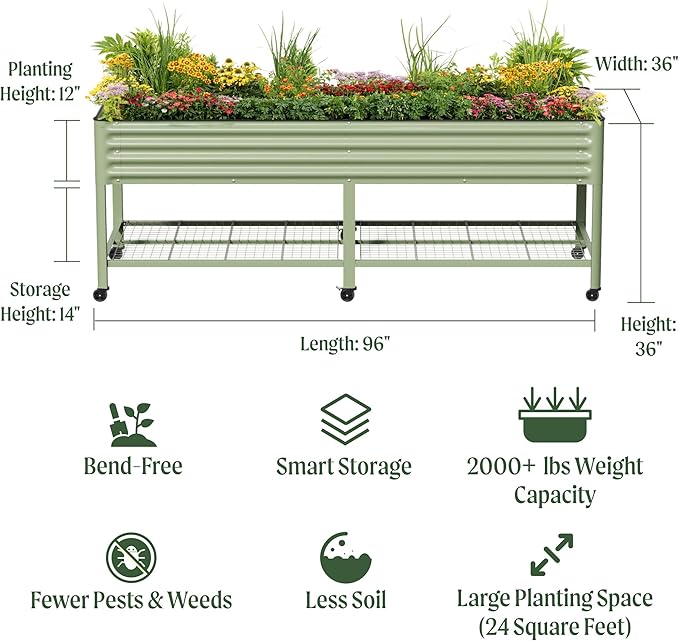 Rolling Elevated Raised Garden Bed - Jumbo Series, 3' x 8' Outdoor Planters Boxes with Legs & Storage Rack for Patio, 2000+ Lbs Weight Capacity, Raised Beds for Gardening Herbs Flowers, Olive Green