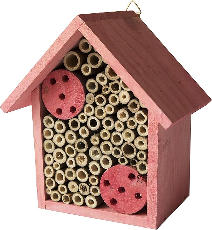 Cestari Mason Bee House Bamboo Tube Solitary Bee Hotel – 75 FSC‑Wood & Bamboo Tubes, 8 × 7.5 × 5 in, Rose Pink