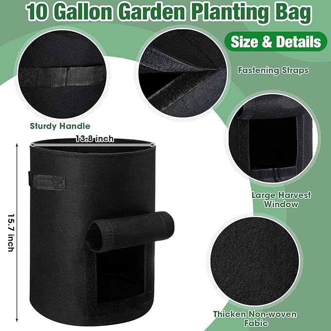 Hushee 10 Pcs 10 Gallon Potato Grow Bags Garden Planting Bag with Handle Fabric Thick Fabric Containers for Tomato Vegetable