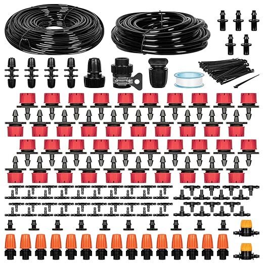 OnBrand 164FT Drip Irrigation System, Quick-Connect Garden Irrigation System Kit for Raised Flower Bed, Vegetable Garden, Pots, Automatic Garden Watering System with Tubings and Complete Accessories