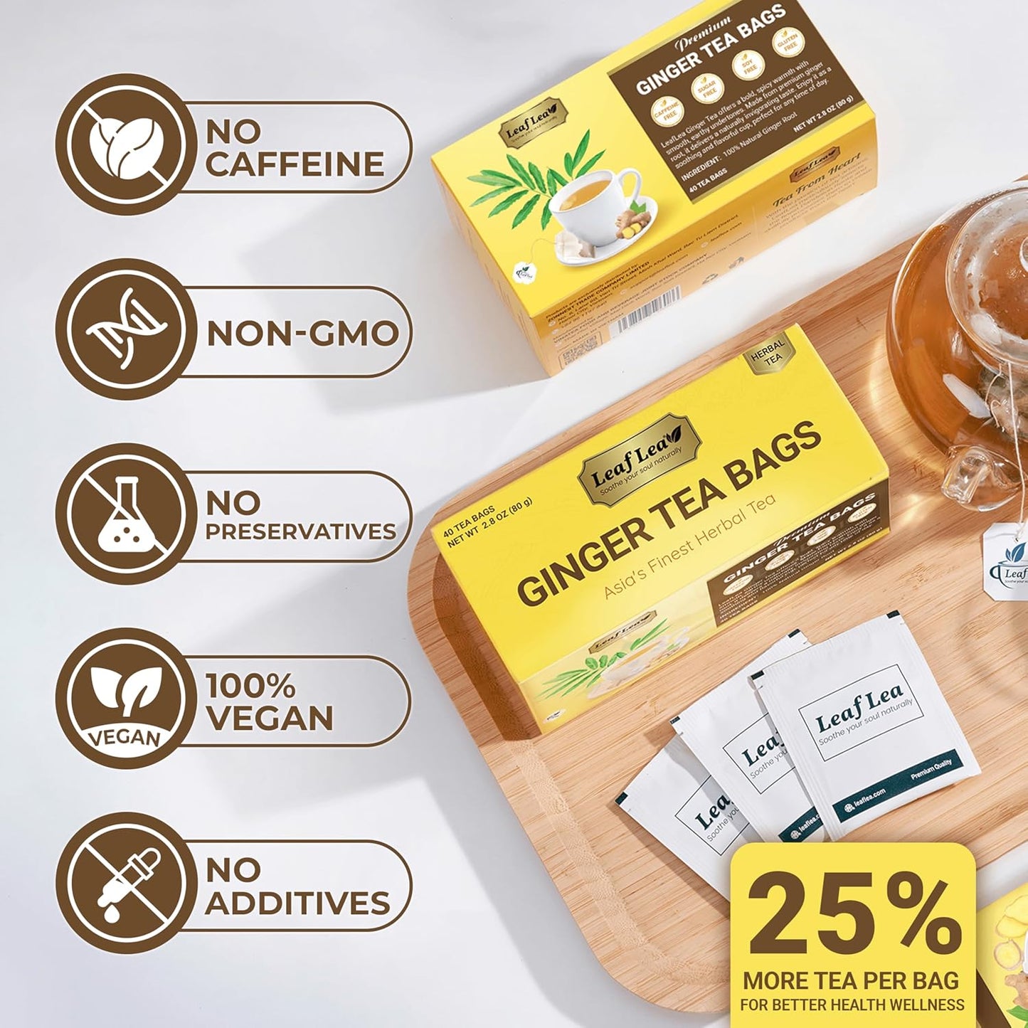 LeafLea 100% Pure Ginger Root Tea Bags – Spicy & Warming Herbal Tea, Supports Digestion & Immune Health, Individually Wrapped, Non-GMO, Caffeine Free, Sugar Free, No Gluten