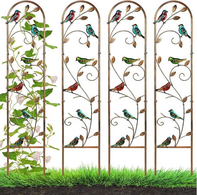 Blulu 4 Pack Metal Garden Trellis for Climbing Plants, 60x11 Inch Detachable Rustproof Arched Fence Flower Vegetable Plant Stand for Outdoor Patio Yard Lawn Decorative(Hummingbird)