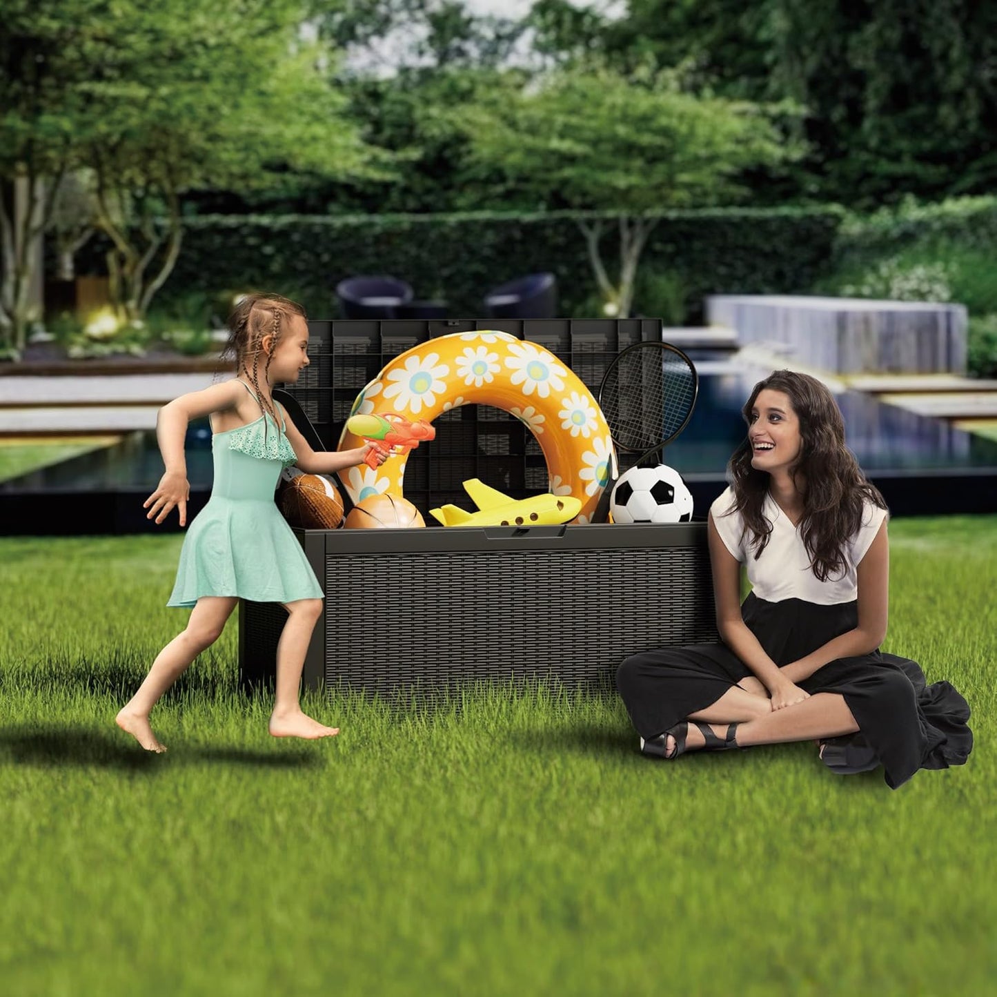 100 Gallon Deck Box, Resin Outdoor Indoor Waterproof Storage Box, Lockable Storage Box With Handle for Patio Furniture - Garden Tools - Swimming Pool Tools UV-Resistant, Black