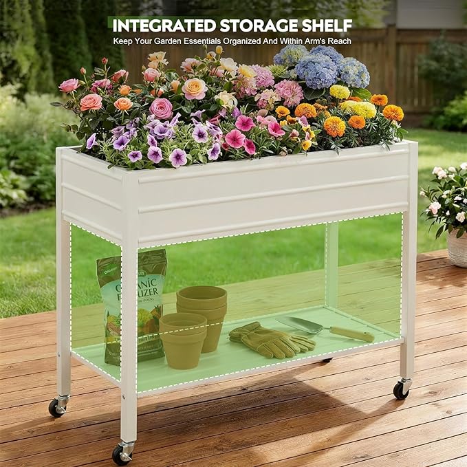 ZORMY 32" Tall Galvanized Raised Garden Bed with Legs Wheels & Shelf, Elevated Planter Box Outdoor for Vegetables, Herbs & Flowers, Patio & Backyard, Garden Bed with 400lb Capacity，White