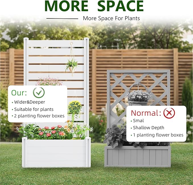 Casaphoria Raised Garden Bed with Trellis, 73"x37"x18" Planter Box with Open Bottom for Gardening Vegetables & Vines and Climbing Plants, White