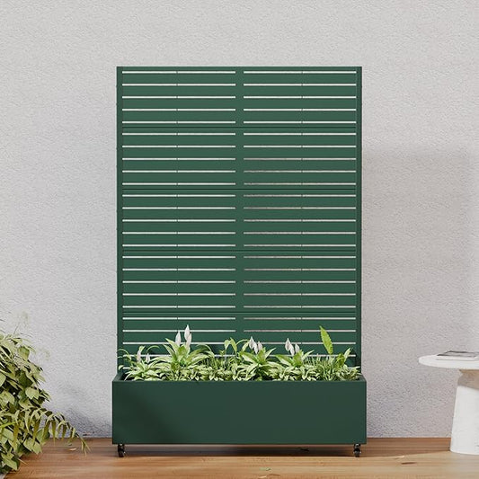 Casaphoria Metal Raised Garden Bed with Trellis and Wheels, 72"x47"x16" Planter Box for Climbing Plants, Vegetables & Vines, Features Drainage Holes and Privacy Screen, Drak Green-Louvered