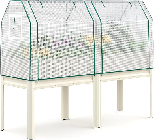 KING BIRD Large Raised Garden Bed with Netting Galvanized Elevated Planter Box with Legs 72×23×55 in for Backyard, Patio, Balcony, 700lb Capacity, Beige