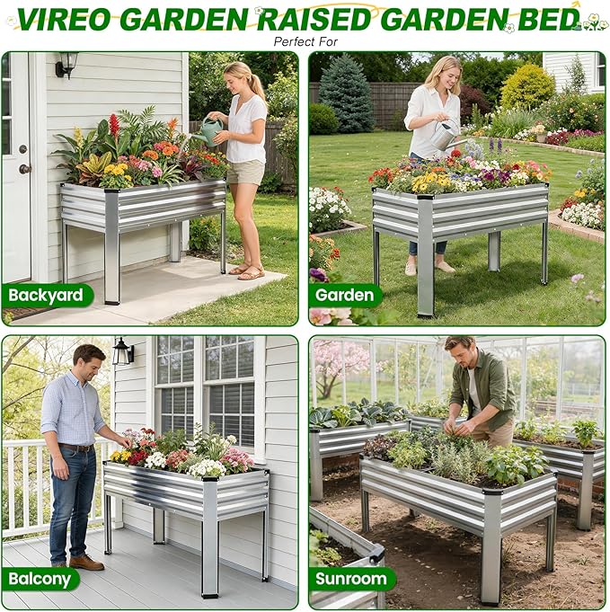 Galvanized Raised Garden Bed with Legs, 48x24x32in Elevated Raised Garden Bed Outdoor with Drainage Holes, Planter Boxes for Gardening Vegetable Flower Fruit in Backyard, Patio, Balcony (Silver)