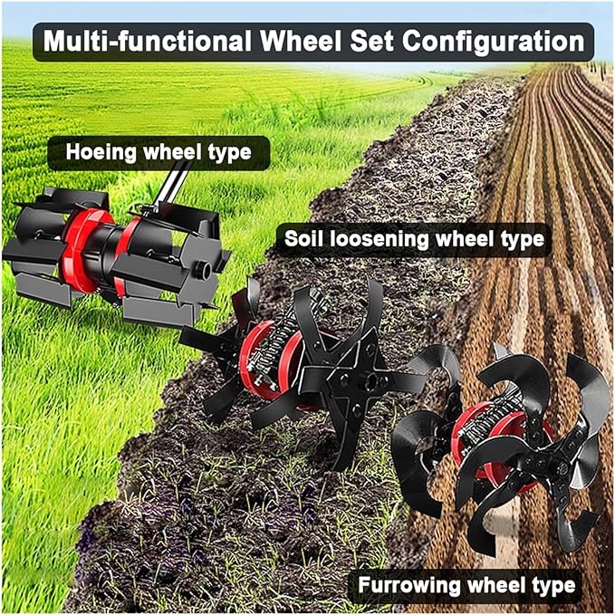 Professional Garden Cultivator Kit - Fits Standard Trimmers - Soil Loosening, Trenching & Weeding Wheels Included - Durable Construction(Hoeing Wheel Type)