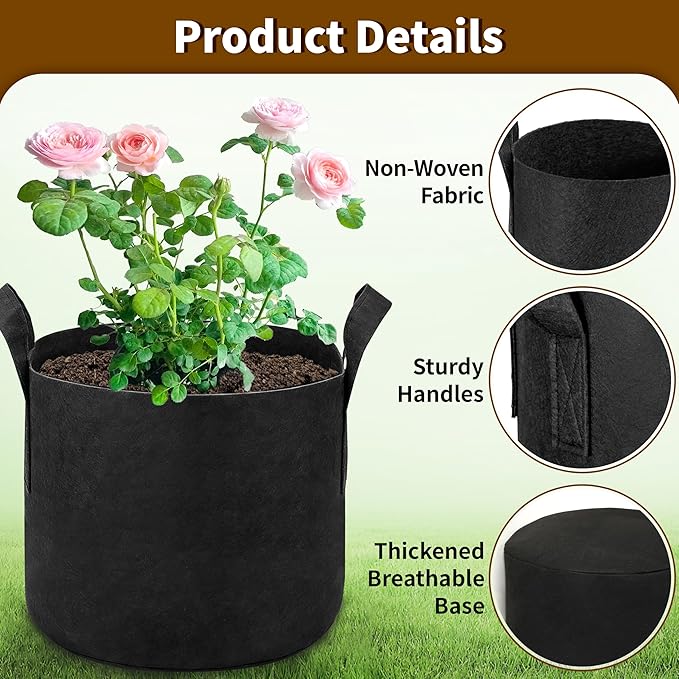 12 Pack 3 Gallon Grow Bags, Heavy Duty 300g Nonwoven Fabric Plant Pots with Reinforced Handles, Breathable Potato & Tomato Grow Bags for Vegetables, Peppers, Herbs - Black