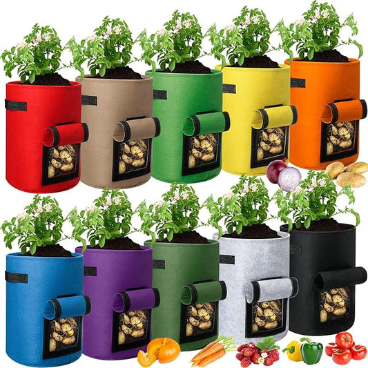Hushee 10 Pcs 10 Gallon Potato Grow Bags Garden Planting Bag with Handle Fabric Thick Fabric Containers for Tomato Vegetable