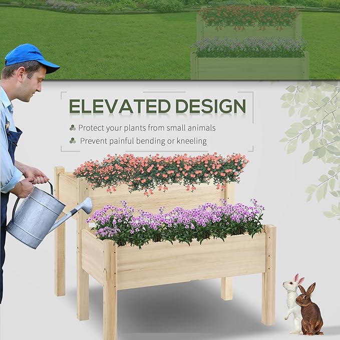 Outsunny 34"x34"x28" Raised Garden Bed, 2-Tier Elevated Wood Planter Box for Backyard, Patio to Grow Vegetables, Herbs, and Flowers, Natural