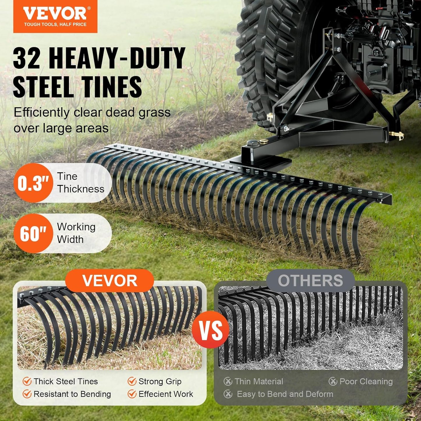 VEVOR Tow Behind Dethatcher, 60-inch Tow Dethatcher with 32 Steel Tines, 3-Point Lawn Dethatcher Rake with Attachments for Tractor, Landscape Rake for Garden, Farm, Grass