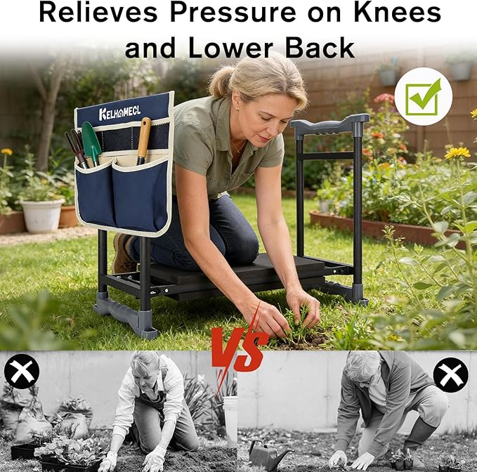 Garden Kneeler and Seat with Umbrella, 2-in-1 Foldable Gardening Stool with Adjustable Bracket, Detachable Tool Bags, Heavy Duty Kneeling Pad for Gardening (Beige Blue)