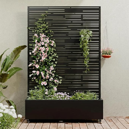 Casaphoria Metal Raised Garden Bed with Trellis and Wheels, 72"x47"x16" Planter Box for Climbing Plants, Vegetables & Vines, Features Drainage Holes and Privacy Screen, Black-Shine