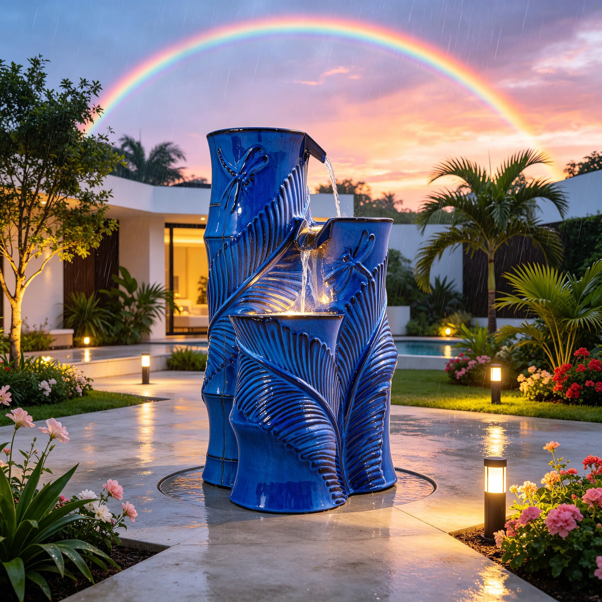 Autodaya 25" Tropical Outdoor Fountain (25.5"h Bamboo-style Cobalt Blue)