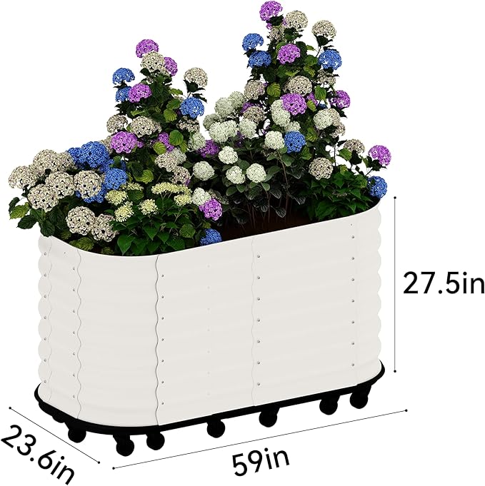59x24x28 in Galvanized Raised Garden Bed with Wheels & Water Reservoir – Durable Outdoor Planter Box, Elevated Raised Beds for Gardening, Portable Garden Box for Indoor/Outdoor Plants,White