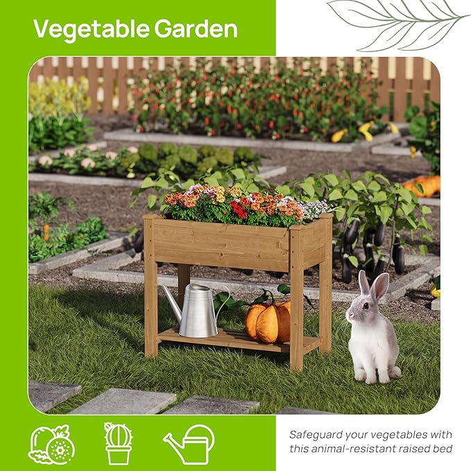 Raised Garden Bed with Legs, Wooden Raised Garden Bed with Storage Shelf, 34x18x30.7in, Elevated Wood Planter Box for Vegetables Flowers Herbs, Garden Planter for Backyard Patio Balcony (Brown, S)