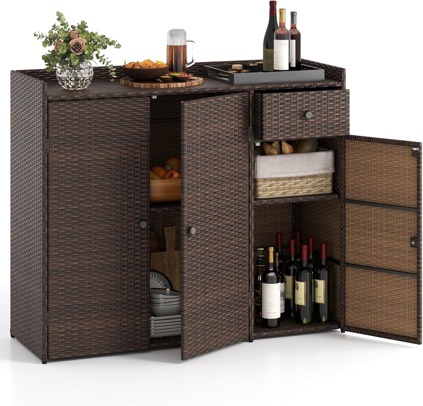 Tangkula Rattan Outdoor Storage Cabinet, Patiojoy Outdoor Cabinet with 4 Adjustable Shelves, 1 Drawer, 3 Doors, Patio Storage Deck Box Table for Patio Garden Poolside (Mix Brown)