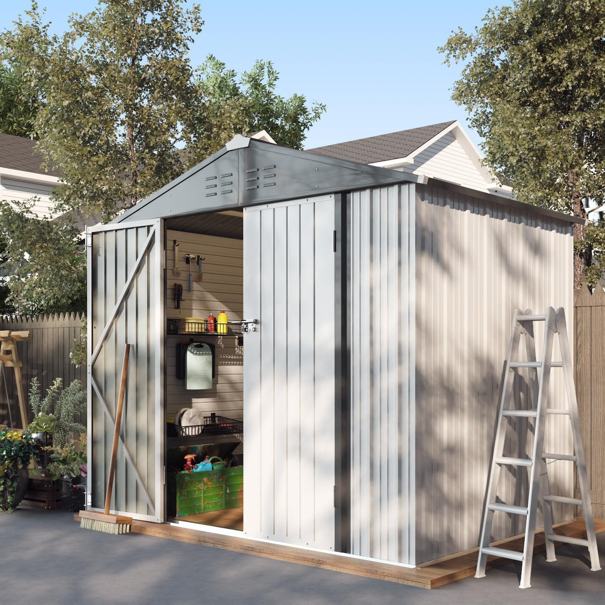 8x6FT Outdoor Storage Shed Utility Tool Shed (8x6 / White)