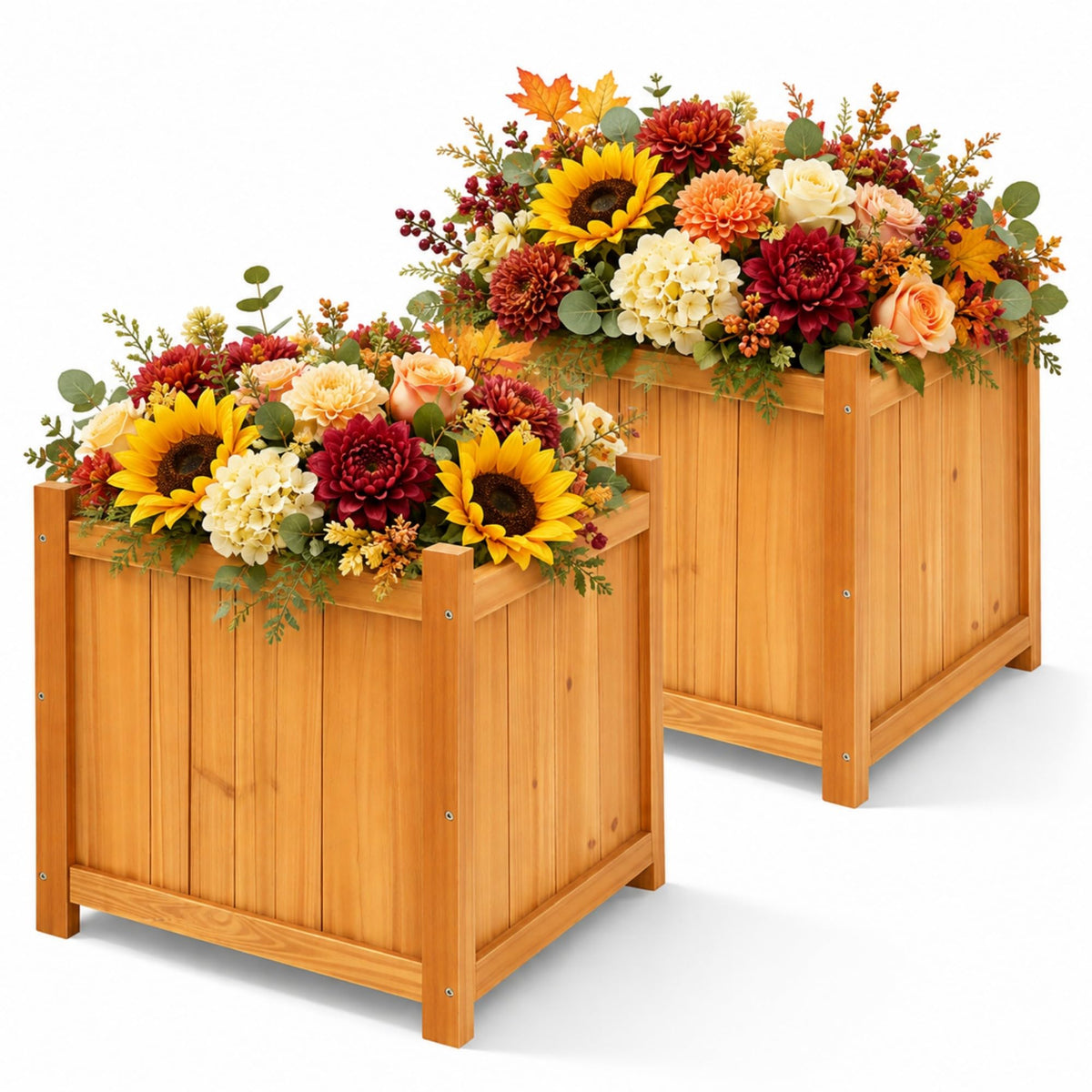 2 Pack 16" Square Fir Wood Planter Boxes with Drainage Holes (Square Planter Boxes-natural Fir Wood Color)