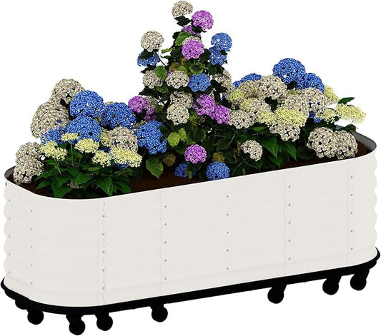 95x24x20 in Galvanized Raised Garden Bed with Wheels & Water Reservoir – Durable Outdoor Planter Box, Elevated Raised Beds for Gardening, Portable Garden Box for Indoor/Outdoor Plants,White