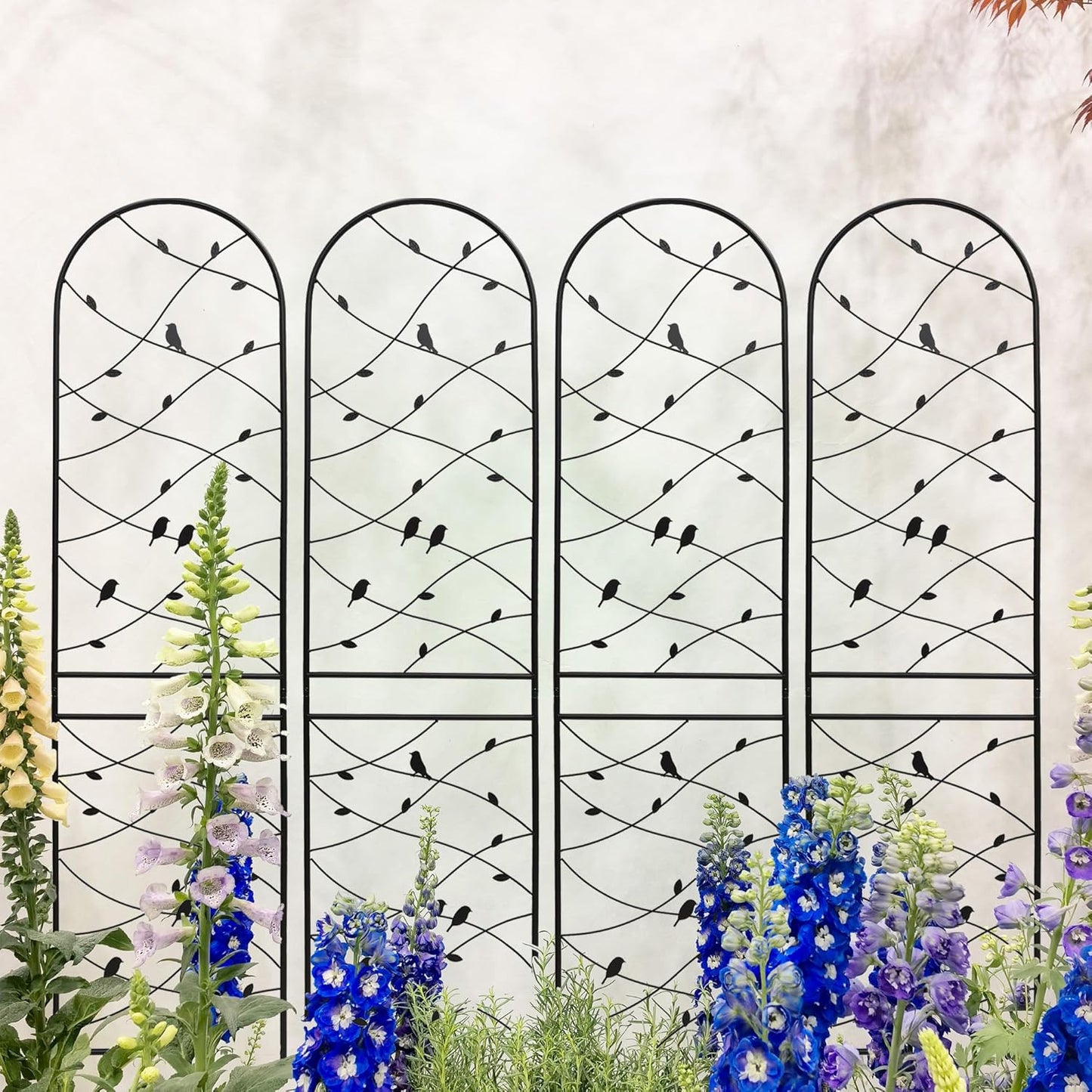 4 Pack Metal Garden Trellis 86.7" Tall Outdoor Climbing Plant Support for Roses, Flowers, Rustproof Durable Black Galvanized Tube, Lawn Garden Fence Decor Screen (4, Black birds-86.7" H)
