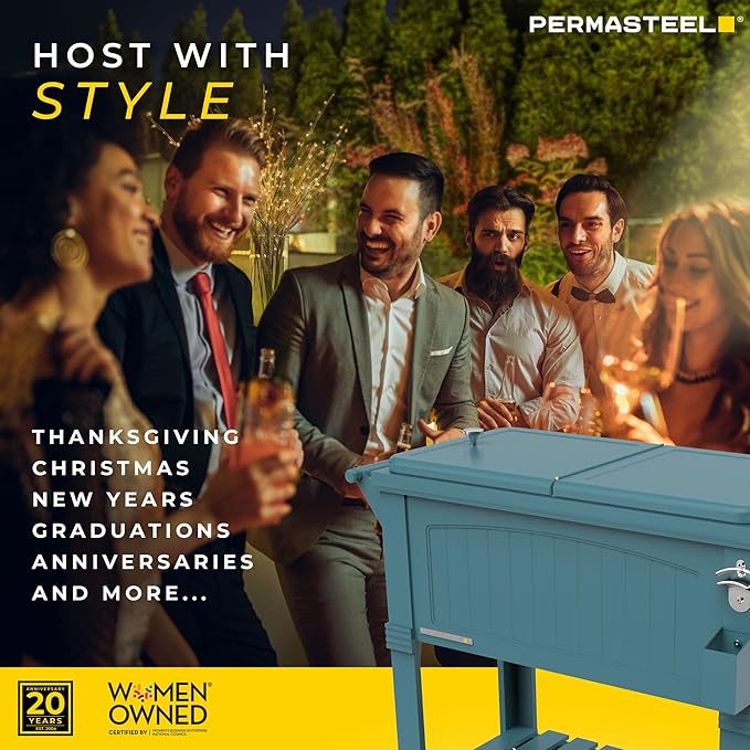 Permasteel 80-Qt Large Antique Patio Cooler with Wheels & Handles, Outdoor Rolling Beverage Cooler Cart with Bottom Storage Shelf, Wood-Style Hard Can Cooler for Outside, Teal Blue Green