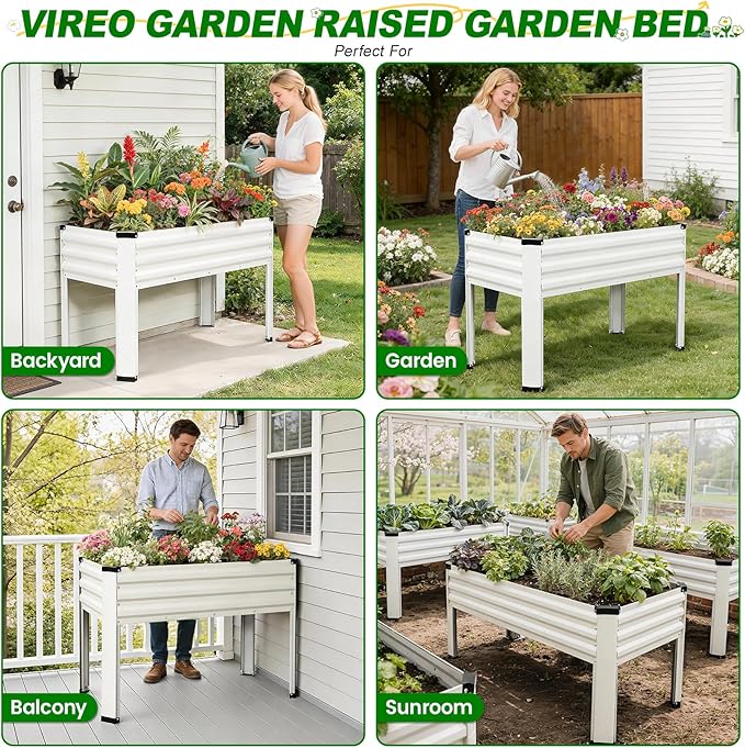 Galvanized Raised Garden Bed with Legs 2 Pack, 48x24x32in Elevated Raised Garden Bed Outdoor with Drainage Holes, Planter Boxes for Gardening Vegetable Flower Fruit in Backyard, Patio, Balcony (White)