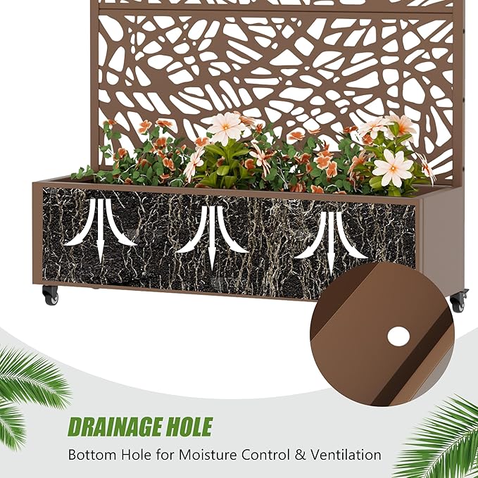 Casaphoria Metal Raised Garden Bed with Trellis and Wheels, 72"x47"x16" Arched Planter Box for Climbing Plants, Vegetables & Vines, Features Drainage Holes and Privacy Screen, Brown-Net