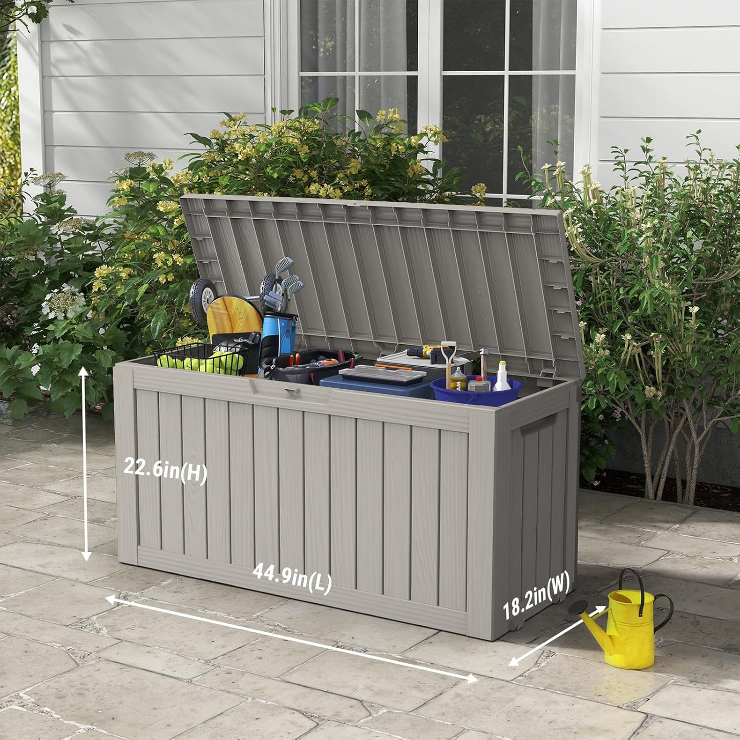 Mars Villa 72 Gallon Deck Box, Outdoor Storage Box Waterproof, Outside Resin Storage Bin for Patio Furniture Cushions, Pool Supplies, Garden Tools, UV-Resistant and Weatherproof, with 4 Wheels, Greige