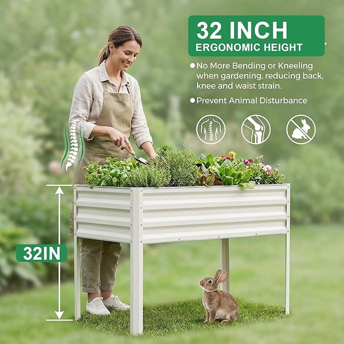 Elevated Raised Garden Bed with Legs, 48x24x32in Galvanized Planter Box Outdoor with Drainage Holes, Large Metal Raised Beds for Gardening Vegetables Herbs, Backyard, Patio, Balcony, White