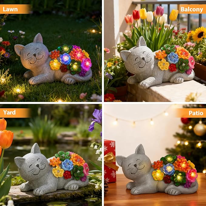 Solar Cat Garden Statues with Succulent and 6 LED Lights, Birthday Gifts for Women Mom Men, Outdoor Garden Decor for Cat Lover, Yard Decor Art Lawn Patio Balcony