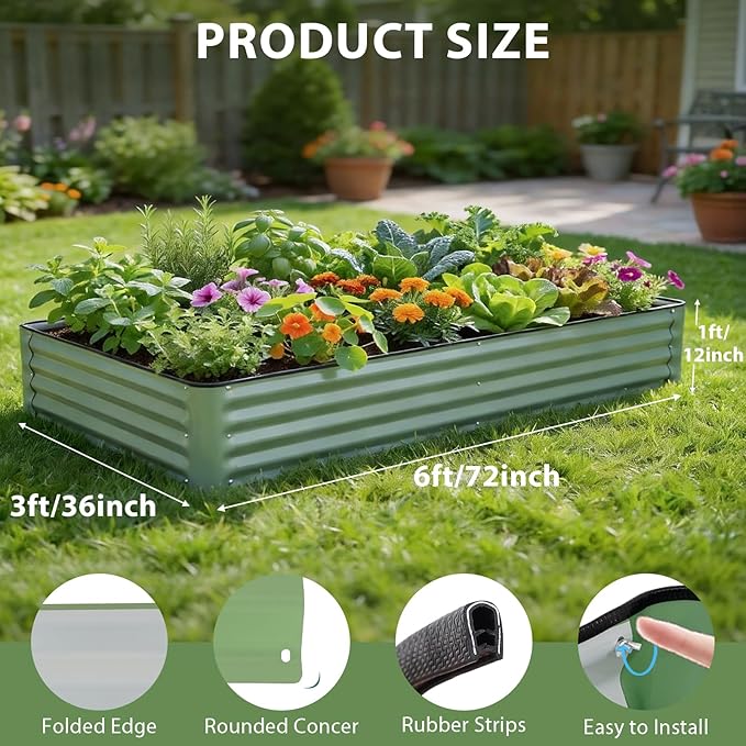Galvanized Raised Garden Bed – 2 Pack 6x3x1 Ft Patented Leak-Proof Planter Box Outdoor Gardening Metal Raised Garden Beds Kits for Veggies, Herbs & Flowers (Green)