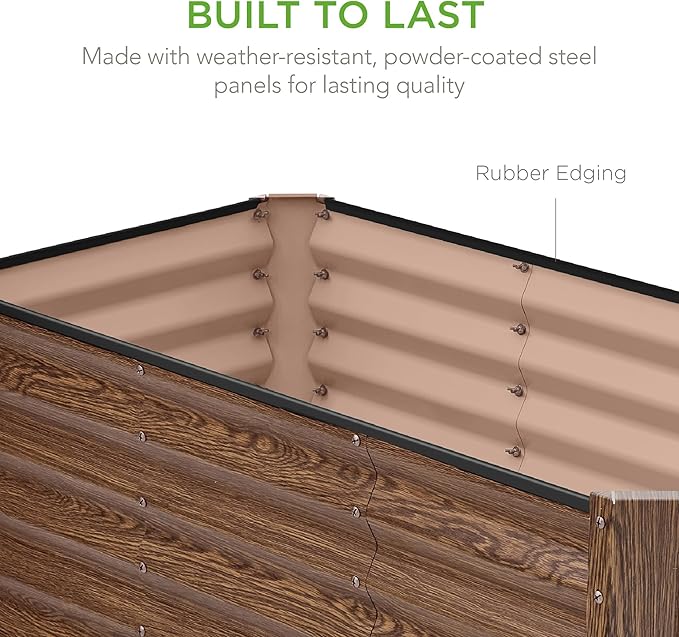 Best Choice Products 4x2x2ft Outdoor Metal Raised Garden Bed, Deep Root Box Planter for Vegetables, Flowers, Herbs, 119 Gallon Capacity, 100% Non Toxic Materials - Dark Brown Wood Grain