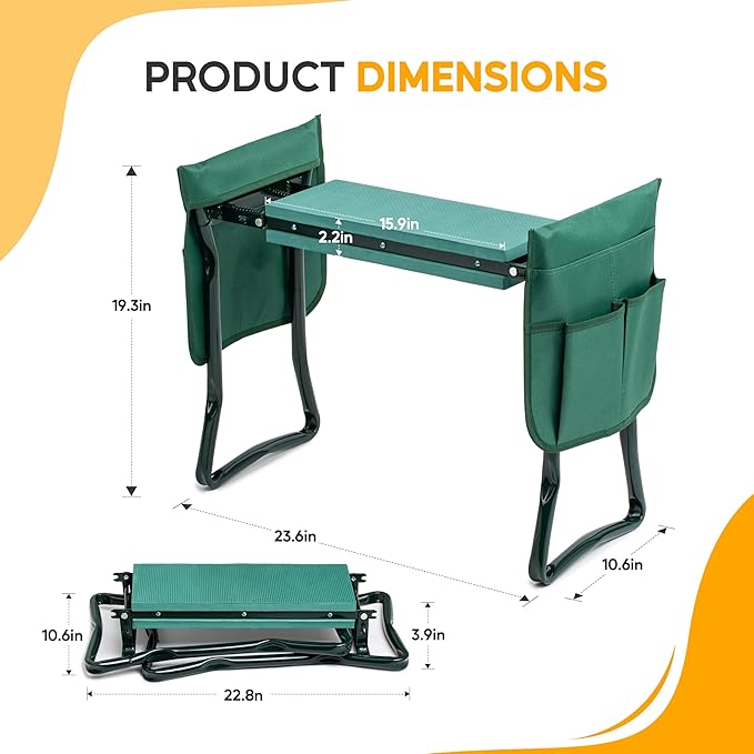 Simple Deluxe 2 Pack Garden Kneeler and Seat, Foldable Kneeling Stool with Thicker EVA Foam Pad Heavy Duty Bench, with Tool Pouch, Gifts for Outdoor Gardening, Fishing, Green, Arbor Day Gift