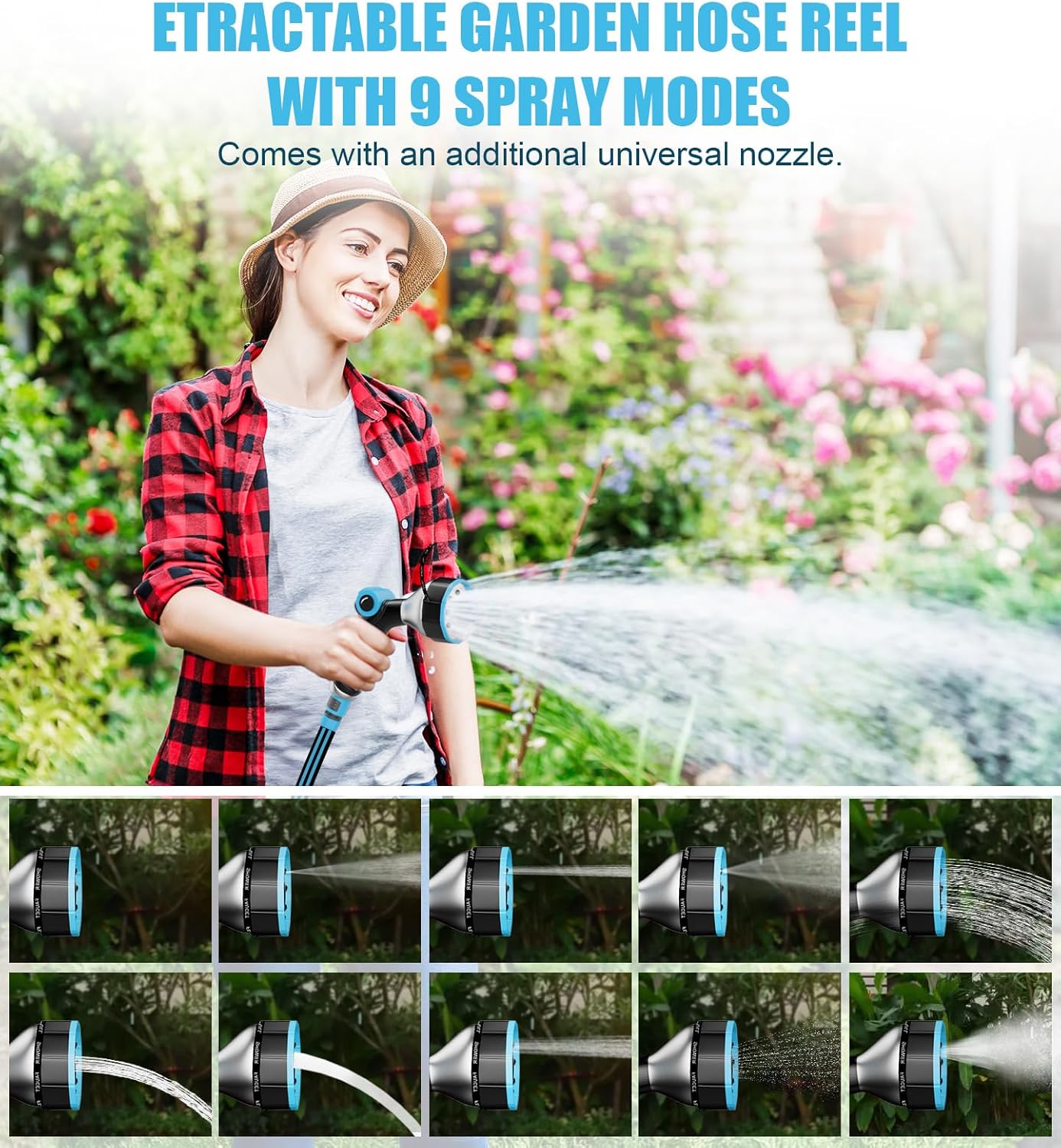 Retractable Garden Hose Reel, 65FT Portable Garden Hose with Reel, Hose Reel Wall Mount with 9-Pattern Nozzle, Automatic Rewind System, 180° Swivel Bracket, Any Length Lock (65FT)